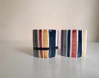 Set of 2 Striped Ceramic Espresso Cups, Colorful Tea Light Holders, Mini Plant Pot,  Coffee Cup Set, Small Ceramic Tumblers