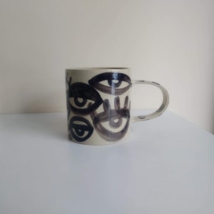 One Beige Stoneware Black Eyes Mug, Original Abstract Art Cup, Chunky Hot Cocoa Mug, Gift for New Job, Coffee Lover's Gift, XL Desk Mug image 2