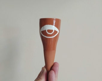 One Small White Evil Eye Olla for your indoor or outdoor plants, Handmade Terracotta Water Spike, Patio Plant Decoration and Protection