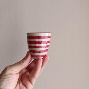 Set of 2 Handmade Shot Cups, Christmas Theme Mini Tumblers, Pinch Pot Style with Red Horizontal Stripes, Small Ceramic Sake or Espresso Cups
