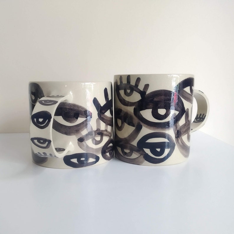 One Beige Stoneware Black Eyes Mug, Original Abstract Art Cup, Chunky Hot Cocoa Mug, Gift for New Job, Coffee Lover's Gift, XL Desk Mug image 8