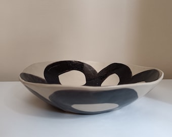 Handmade Beige Stoneware Salad Bowl, Black Ring Design