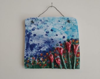 Original Poppies Art Tile, Handmade Ceramic Wall Art, 3D Floral Art, Office Wall Hanging, Home Decor, Poppy Art, Art Gift for Teacher