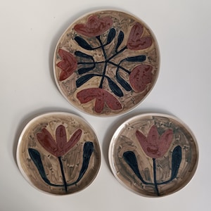 Floral Abstract 3 Plate Set, Modern Beige Stoneware Tableware, Neutral Color Hand Painted Serving Dishes, Unique Platters, Art de la Table