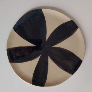 One Beige Stoneware Dinner Plate in an Abstract Floral Design, Neutral Color Serving Plate, Handcrafted Dish, Unique Black and Beige Platter image 7
