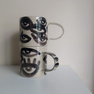 One Beige Stoneware Black Eyes Mug, Original Abstract Art Cup, Chunky Hot Cocoa Mug, Gift for New Job, Coffee Lover's Gift, XL Desk Mug image 10