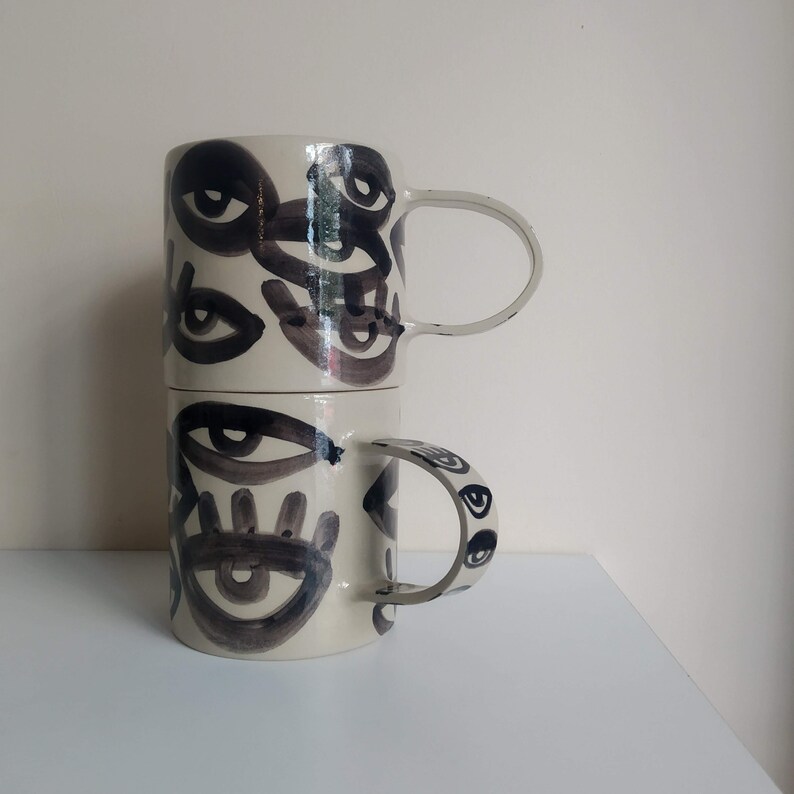 One Beige Stoneware Black Eyes Mug, Original Abstract Art Cup, Chunky Hot Cocoa Mug, Gift for New Job, Coffee Lover's Gift, XL Desk Mug image 10