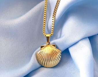 Gold Seashell Locket Necklace, Shell Pendant Necklace, 24K Gold Plated