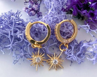 Gold North Star Earrings, Crystal Huggie Hoops, Celestial Earrings