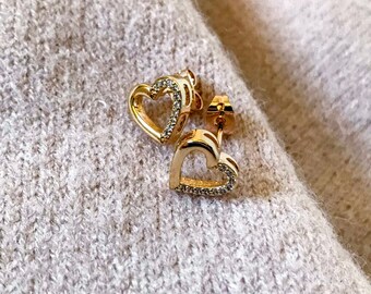 Gold Filled Heart Stud Earrings, Micro Pave Crystal Earrings, 18K Gold Filled