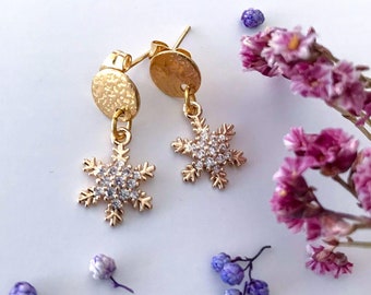 Gold Snowflake Earrings, Snowflake Drop Earrings, Christmas Earrings