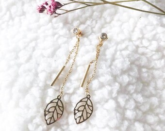 Gold Leaf Dangle Earrings, Long Leaf Earrings, Botanical Statement Earrings