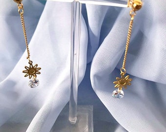 Daisy Drop Earrings, Gold Plated Stainless Steel, Crystal Dangle