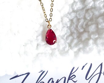 Garnet Birthstone Necklace, Red Crystal Teardrop Pendant, January Birthday Jewelry