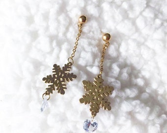Gold Snowflake Earrings, Crystal Drop Earrings, Christmas Winter Jewelry