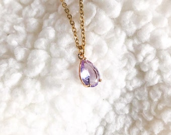February Birthstone Necklace, Purple Crystal Teardrop Pendant, Gold Necklace