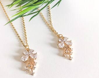 Gold Crystal Flower Necklace, Floral Pendant Necklace, Dainty Gold Jewelry