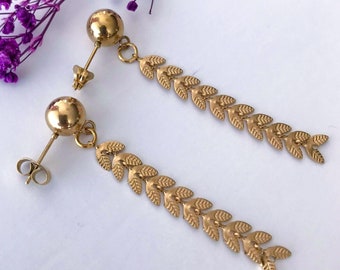 Gold Leaf Dangle Earrings, Laurel Drop Earrings, Long Lightweight Earrings