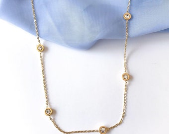 Gold Cubic Zirconia Necklace, Long CZ Station Necklace, Dainty Layering Jewelry