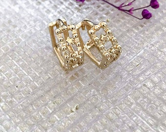 18kt Gold Filled Huggie Hoop Earrings, Bubble Geometric Design