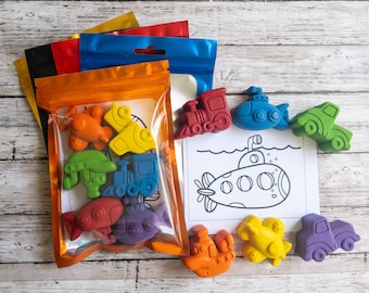 Crayones de vehículos: tren, avión, barco, submarino - Regalos para fiestas infantiles