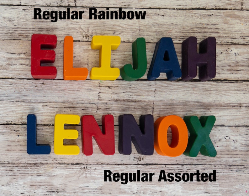 May include: Two names spelled out with colorful letter blocks. The name "ELIJAH" is spelled out with rainbow colored blocks. The name "LENNOX" is spelled out with assorted colored blocks. The text "Regular Rainbow" is above the first name and the text "Regular Assorted" is below the second name.