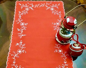 Long Red Linen Table Runner Embroidered With Floral & Vine Motifs - Handmade in Italy