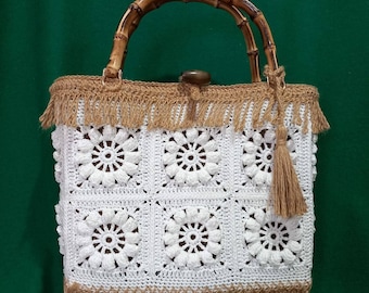 White Summer Basket Bag with Crochet Flower Tiles - Handmade in Italy