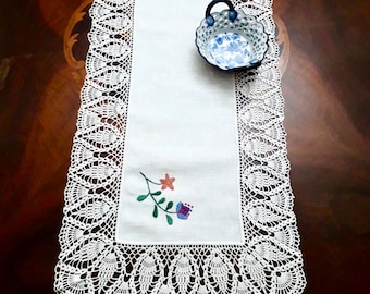 Hand Embroidered Table Runner with Floral Motif & Water Droplet Lace Edge  - Handmade in Italy