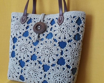 Crochet bag with floral tiles and denim fabric - Handmade in Italy
