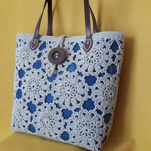 Crochet bag with floral tiles and denim fabric - Handmade in Italy