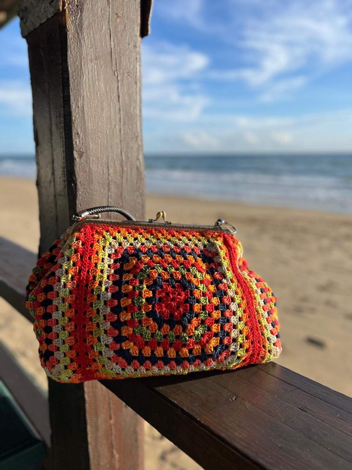 Handcrafted Multicolor Mary Poppins-Style Bag, Crocheted by Hand - Made in Italy
