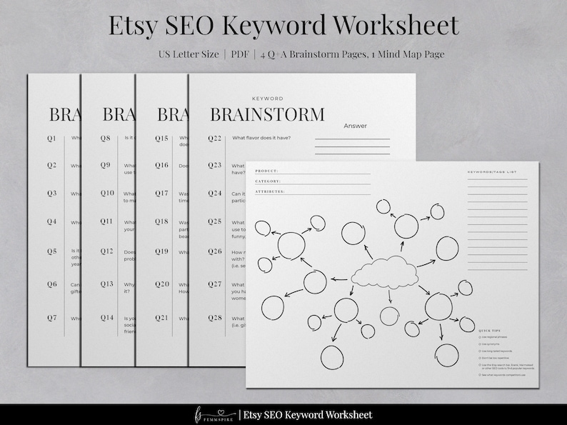 May include: A black and white printable Etsy SEO keyword worksheet with a mind map template. The worksheet includes brainstorming questions to help you find relevant keywords for your Etsy listings.