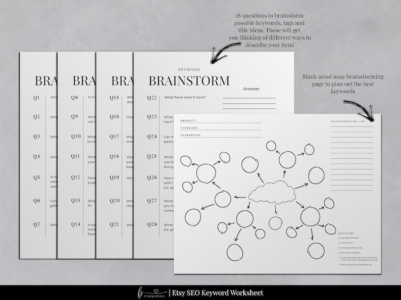 May include: A black and white printable worksheet for Etsy sellers to brainstorm keywords, tags, and titles for their listings. The worksheet includes a mind map with circles and arrows to help organize ideas. The text on the worksheet says "KEYWORD BRAINSTORM" and "28 questions to brainstorm possible keywords, tags and title ideas. These will get you thinking of different ways to describe your item!"