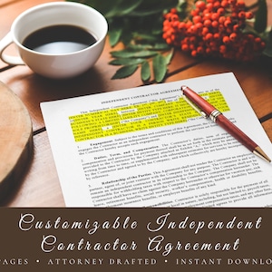 Può includere: Un documento di contratto di lavoro autonomo personalizzabile con una penna e una tazza di caffè su un tavolo di legno. Il documento è intitolato "Contratto di lavoro autonomo" e include il testo "Jenter Numerical Day Here" e "Jenter Company Corporation".