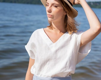 Casual Summer Top VESTA / Short Sleeve Shirt For Women / Soft Linen Blouse / Women Top Blouse / Linen Shirt / V-neck Blouse / Gift for her