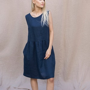 Linen shift dress / Pinafore dress pockets / Loose long sleeveless knee length linen dress / Linen elegant tunic loose fitting dress JUNO image 1