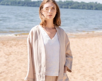 Bell sleeve top / Long sleeved loose top jacket with two pockets / Oversized minimal medium weight linen blazer / Women linen clothes LADA