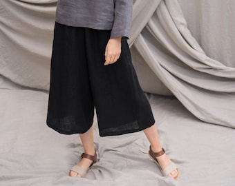 Baggy trousers & high rise / Wide leg / Loose oversized comfortable black linen / Elastic waist / Ethical street wear clothing / LUNA