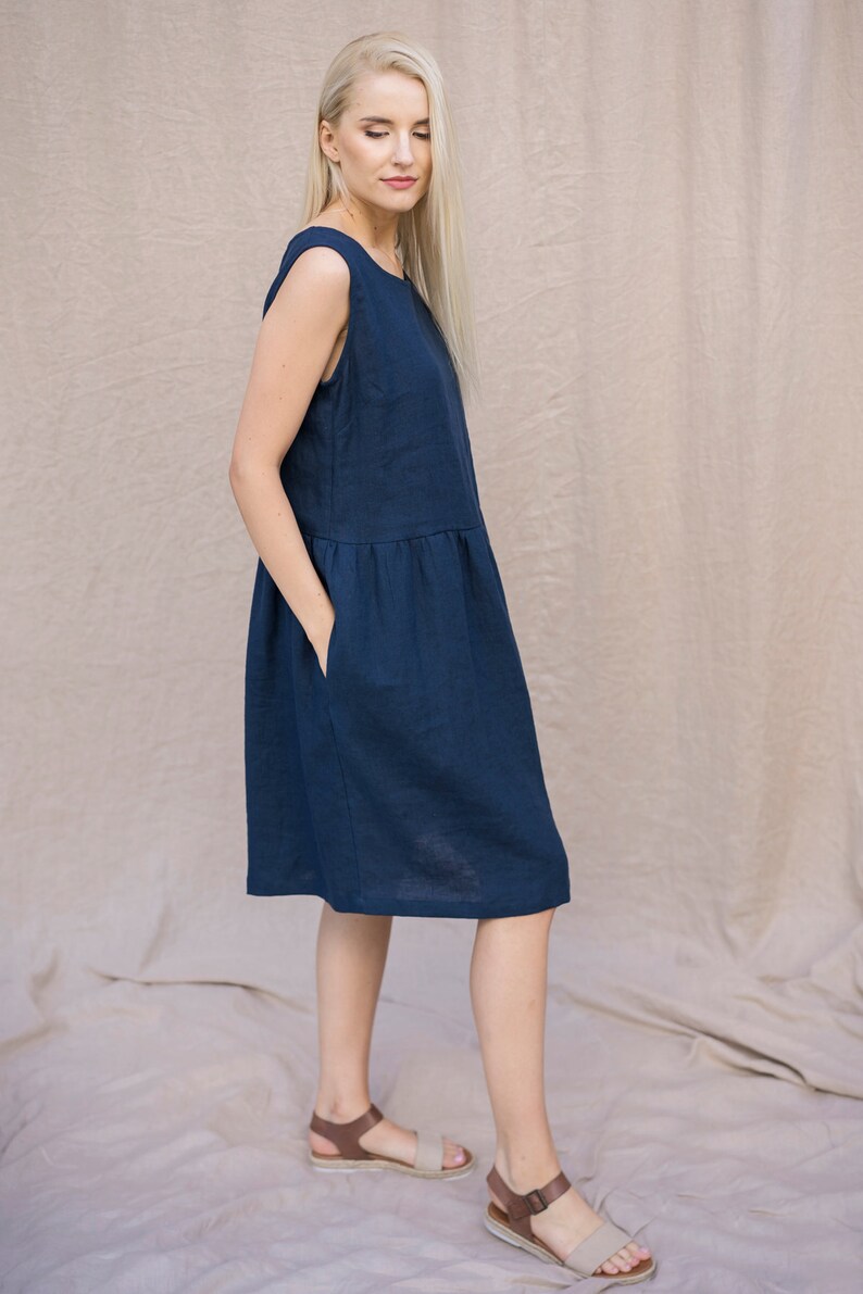 Linen shift dress / Pinafore dress pockets / Loose long sleeveless knee length linen dress / Linen elegant tunic loose fitting dress JUNO image 3