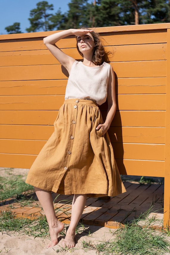 Camel Skirt / A-line Orange Linen Skirt With Buttons Closure / Bohemian  Summer Midi / High Waisted Skirt / Long Linen Skirt / ARTEMIS 
