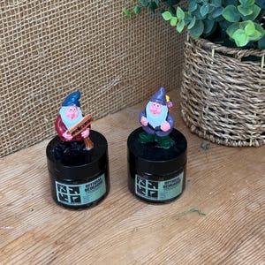 May include: Two small, black jars with colorful gnome figurines on top. One gnome holds a sign that reads "Welcome." The jars have green and white labels. A woven basket with green plants is in the background.