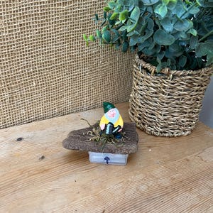 May include: A whimsical garden gnome figurine, dressed in a yellow coat and green hat, stands on a small, weathered wooden base. The miniature gnome is surrounded by decorative moss. A woven basket with green foliage is in the background.