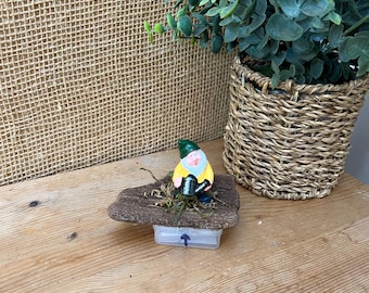 May include: A whimsical garden gnome figurine, dressed in a yellow coat and green hat, stands on a small, weathered wooden base. The miniature gnome is surrounded by decorative moss. A woven basket with green foliage is in the background.