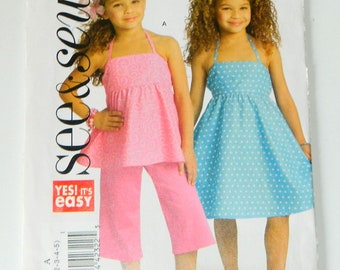 Sehen und nähen Kleinkind Mädchen zu jungen Mädchen Größe 2 bis 5 Sommer Kleidung Muster B5199 nie benutzt, Capri Hose Muster, Neckholder Top, Halter Kleid