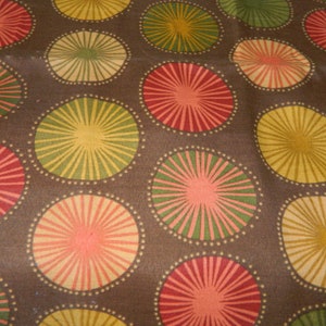 Polyester Canvas Fabric 1 Yard by 56 inches Wide for Seat or Chair Covers, Bags, Purses and Totes, Brown with Multicolored Starburst Circles