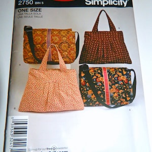 Bag Pattern Simplicity 2750, Tote Bag Pattern 12 H x 17 W, Messenger Bag Pattern 11 H x 17.5 W, Purse Pattern