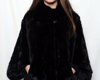 Capa de piel, capa de visón negro, poncho de visón negro