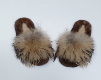 Fur slides,fur slippers,fox-mink slides,real fur slippers