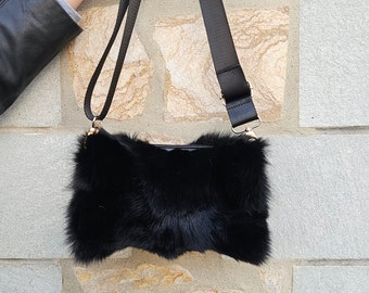 Bolso de piel, bolso de piel de zorro, bolso de piel negro real